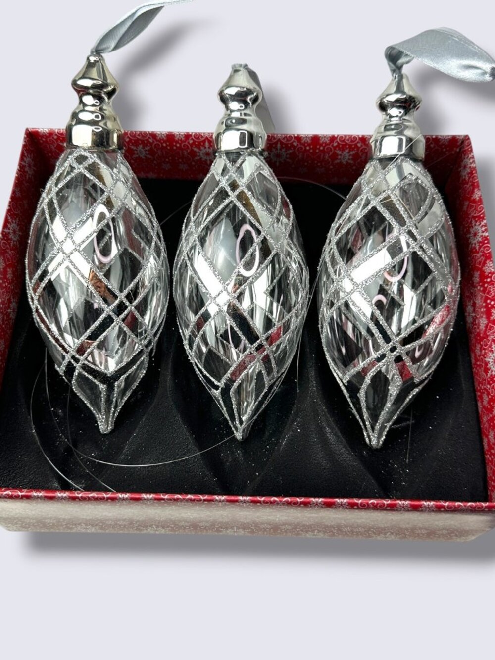 Nicole Miller Home Set Of 3 Silver Holiday Ornaments With Glitter Accents